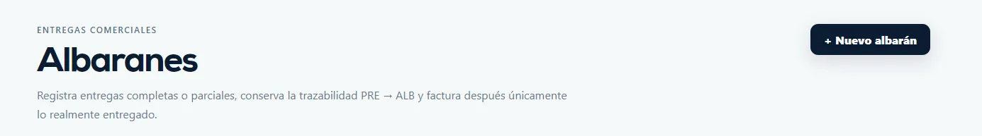 Cabecera de la pantalla Albaranes con el botón Nuevo albarán.