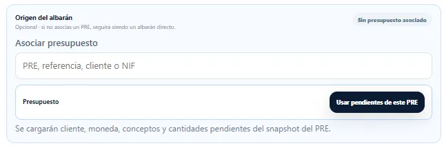 Detalle del selector de presupuesto de origen y botón Usar pendientes de este PRE.