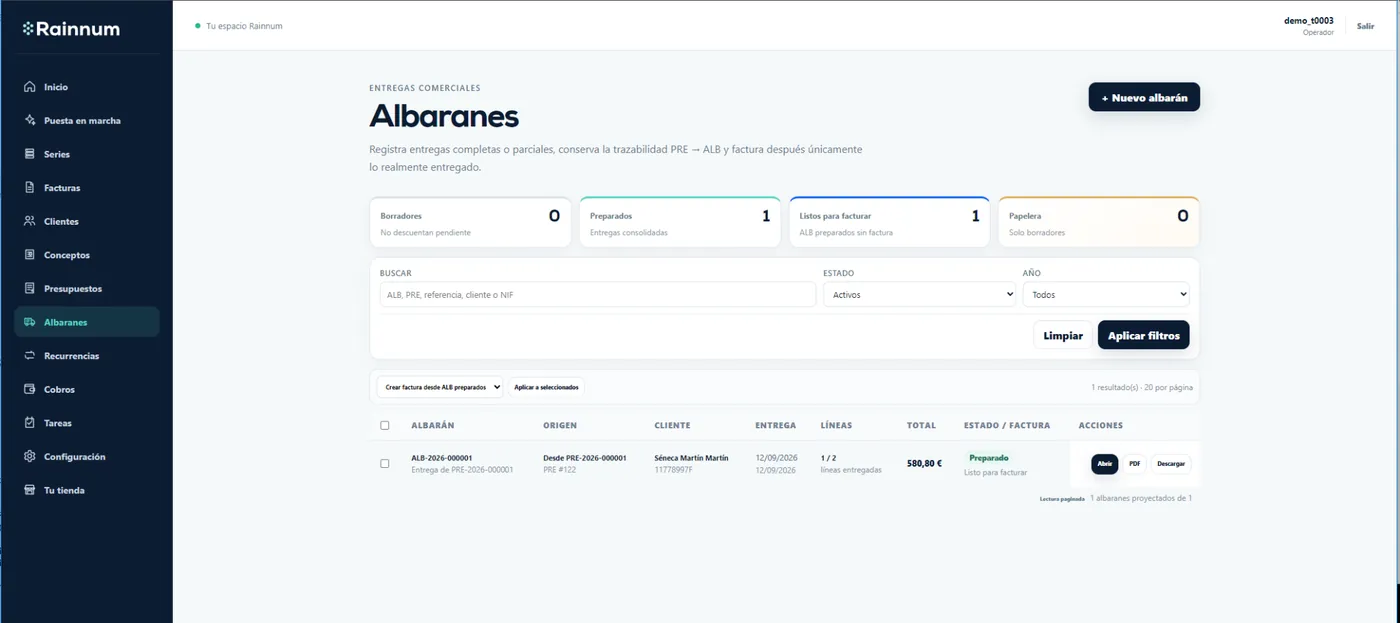 Listado de Albaranes con contadores, buscador, filtros, estado y acciones.