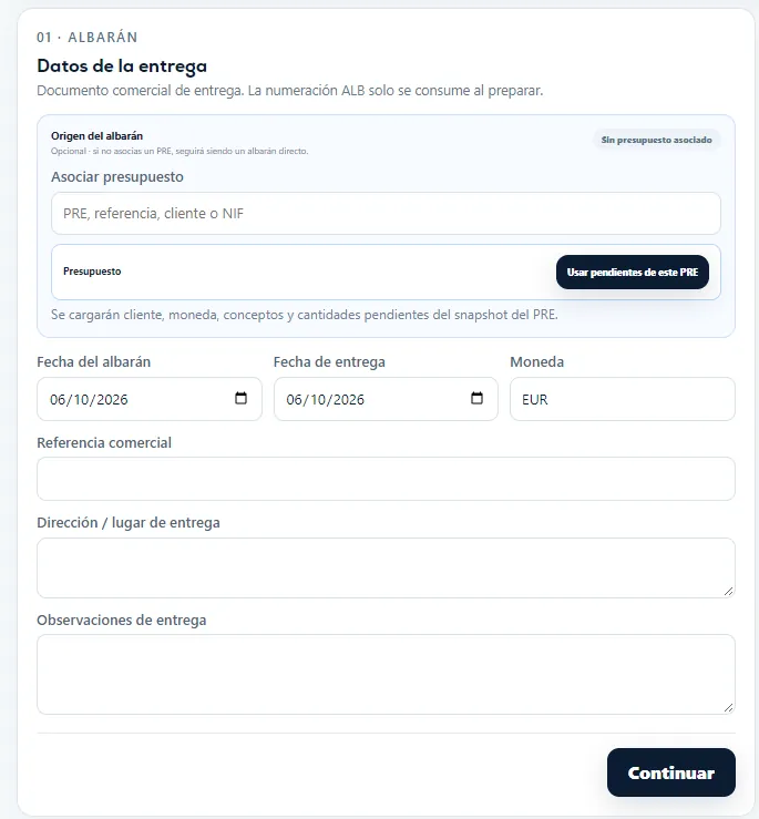 Paso 1 de un albarán con datos de entrega y opción para asociar un presupuesto.