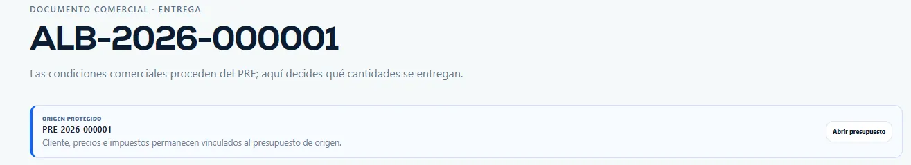 Albarán preparado con número ALB y origen PRE protegido.