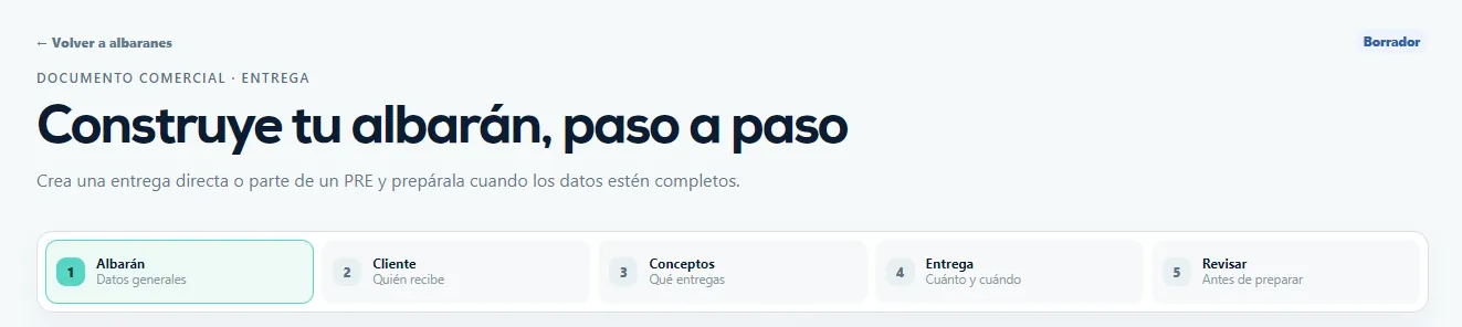 Cabecera de creación de un albarán con los cinco pasos: Albarán, Cliente, Conceptos, Entrega y Revisar.