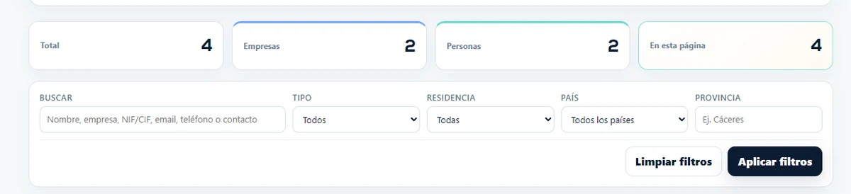 Detalle ampliado del buscador y los filtros de Clientes.