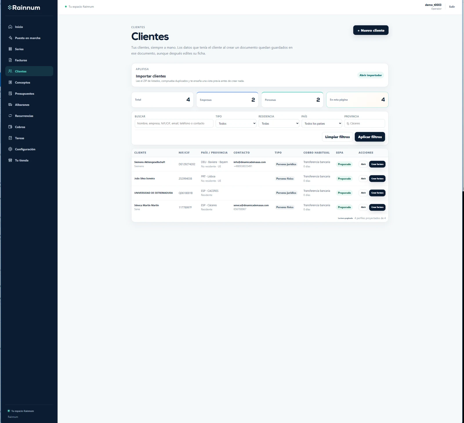 Pantalla principal de Clientes en Rainnum con buscador, filtros y acciones para abrir o crear una factura.