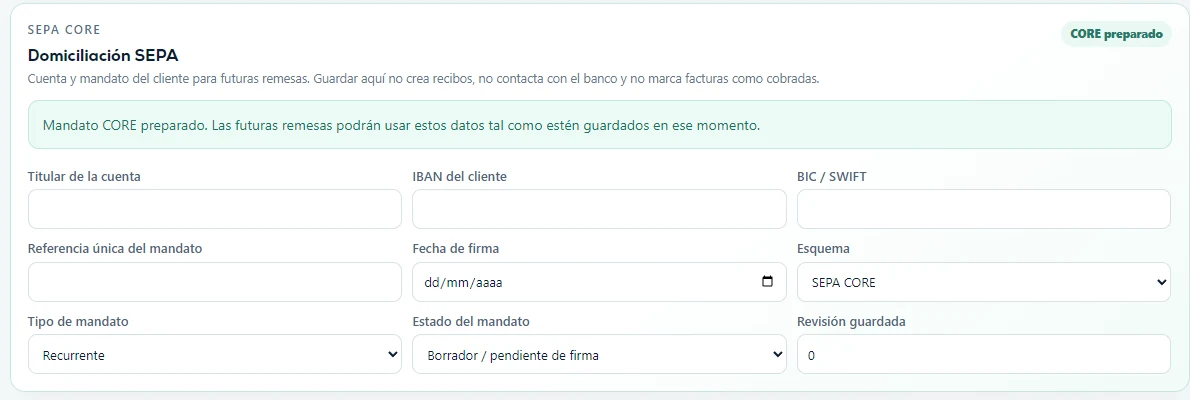 Detalle ampliado del bloque Domiciliación SEPA en la ficha de un cliente.