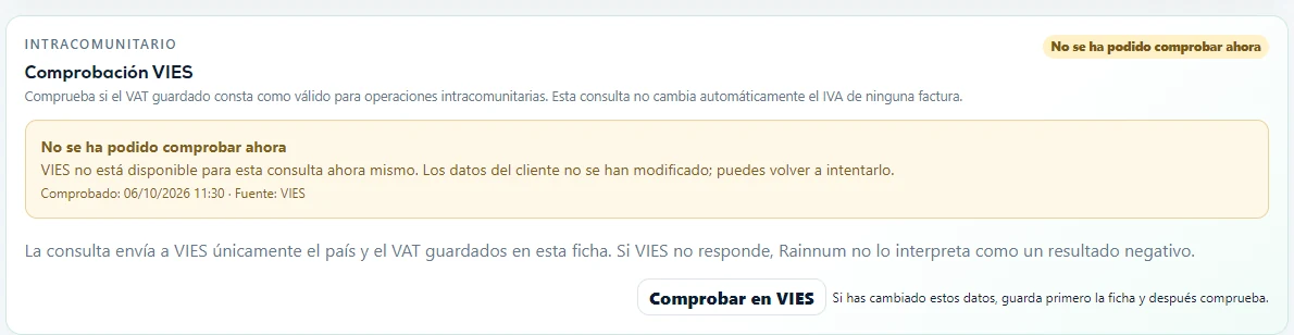 Bloque de comprobación VIES de una ficha de cliente en Rainnum.