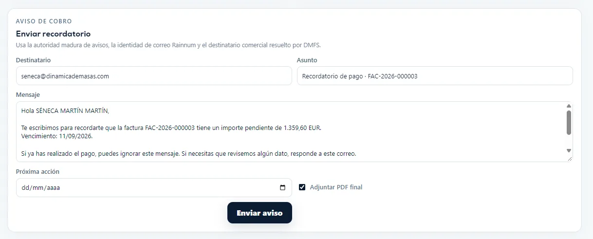 Formulario de recordatorio de pago con destinatario, asunto, mensaje, próxima acción y PDF final.