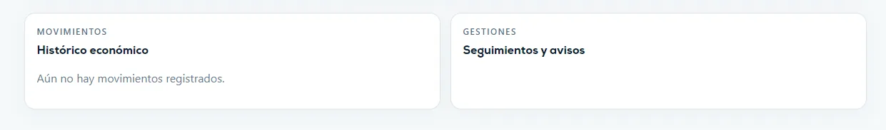 Paneles de histórico económico y seguimientos y avisos.