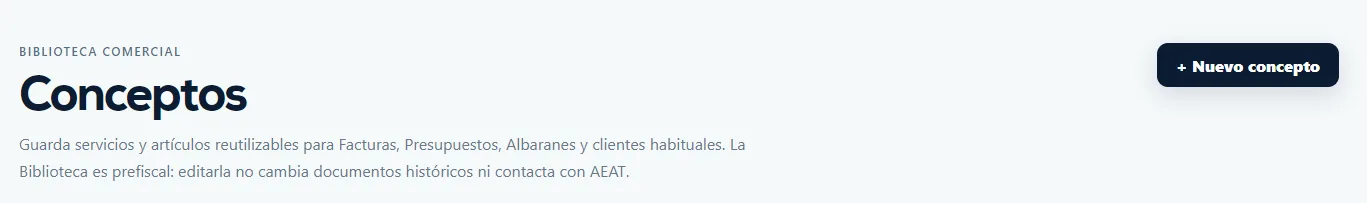 Cabecera de Conceptos con el botón Nuevo concepto.