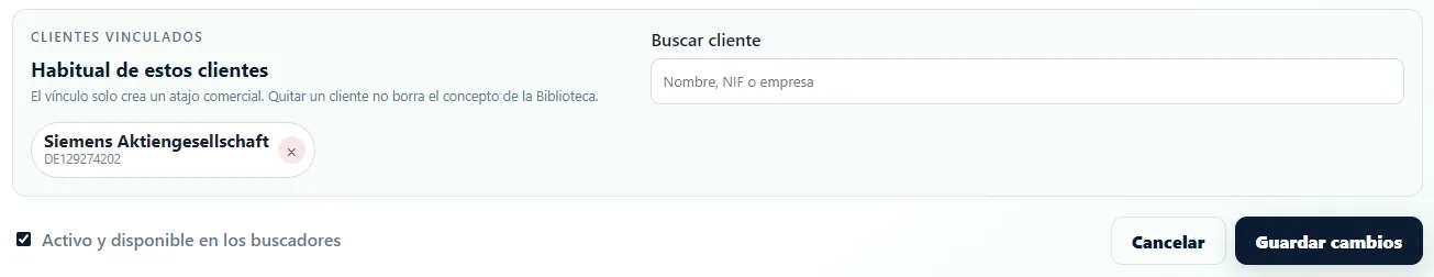 Bloque de clientes vinculados de un concepto con buscador y cliente habitual.