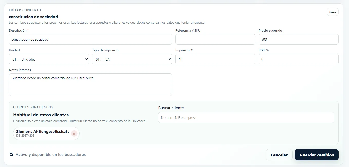 Edición completa de un concepto reutilizable con precio, unidad, impuestos, notas y cliente habitual.