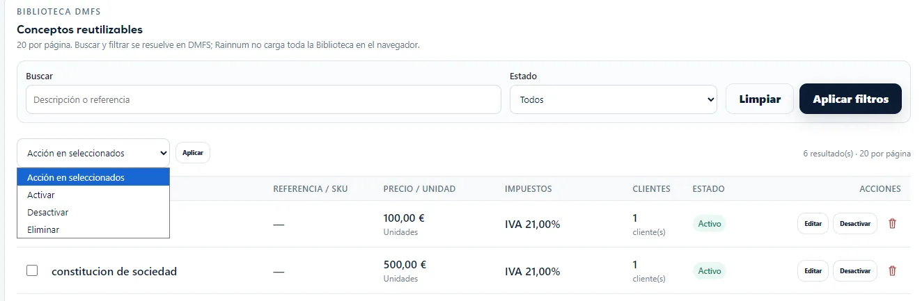 Detalle ampliado del buscador, filtro de estado y acciones en lote de Conceptos.