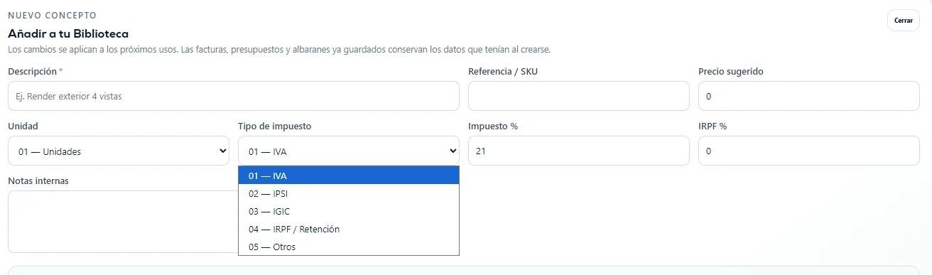 Detalle del selector de tipo de impuesto de un nuevo concepto.