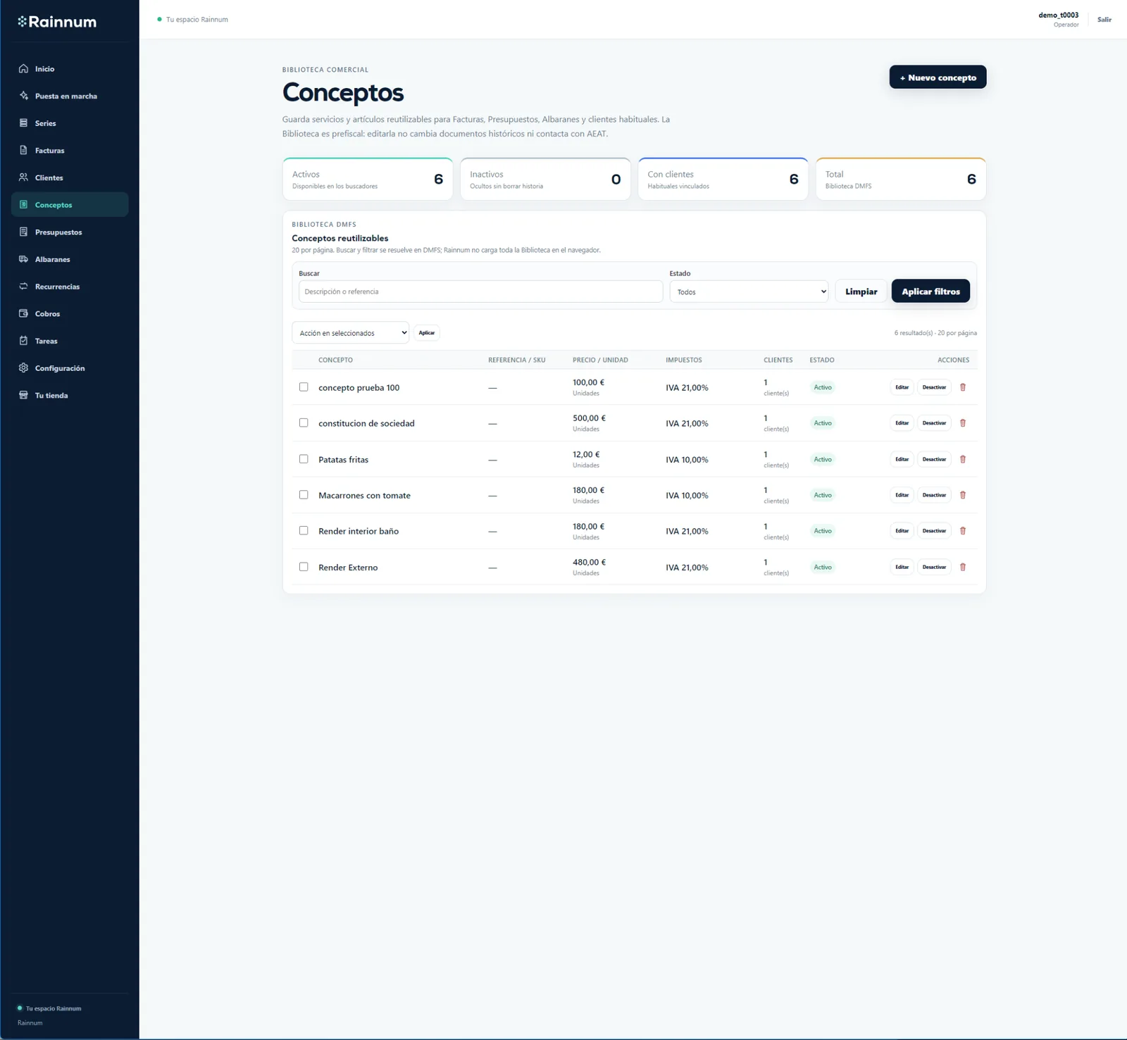 Pantalla principal de Conceptos en Rainnum con contadores, buscador, filtros y biblioteca reutilizable.