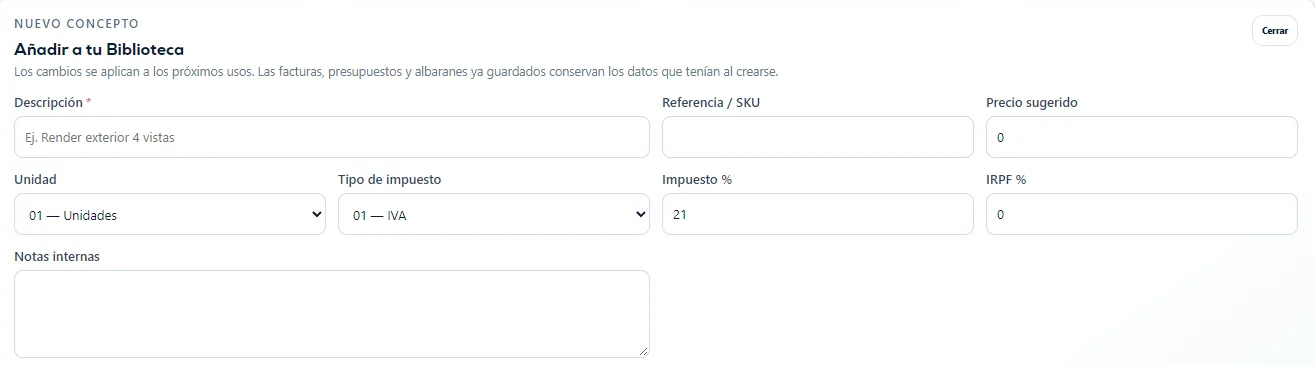 Formulario para añadir un concepto reutilizable con descripción, referencia, precio, unidad, impuestos y notas internas.