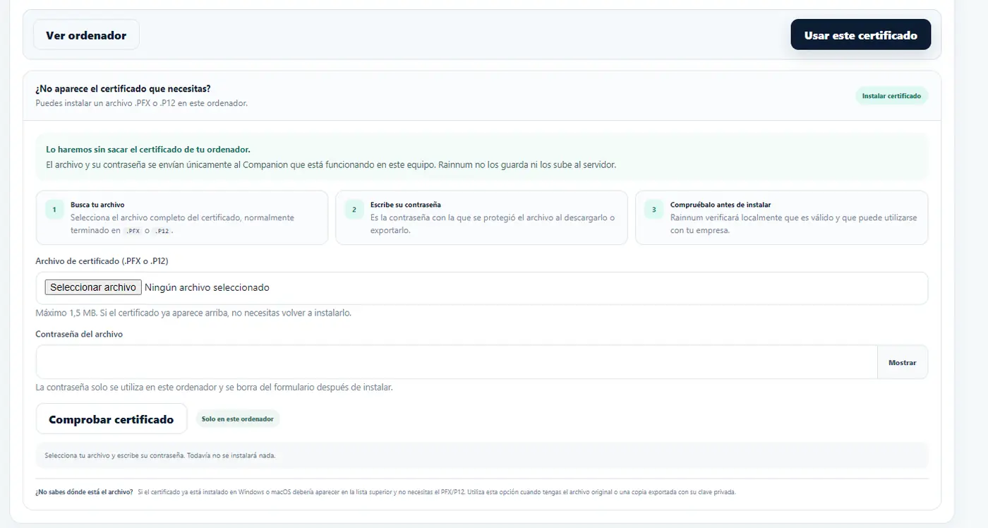 Formulario local para instalar un certificado PFX o P12 con contraseña y comprobación previa.
