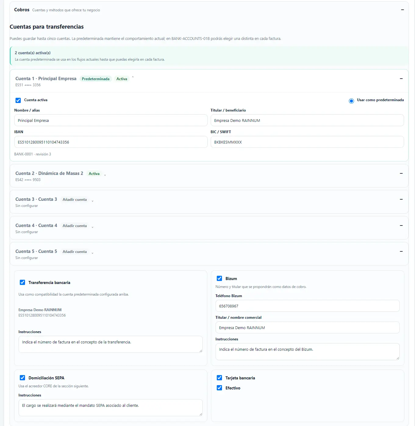 Configuración de cuentas para transferencias y métodos de cobro de la empresa.