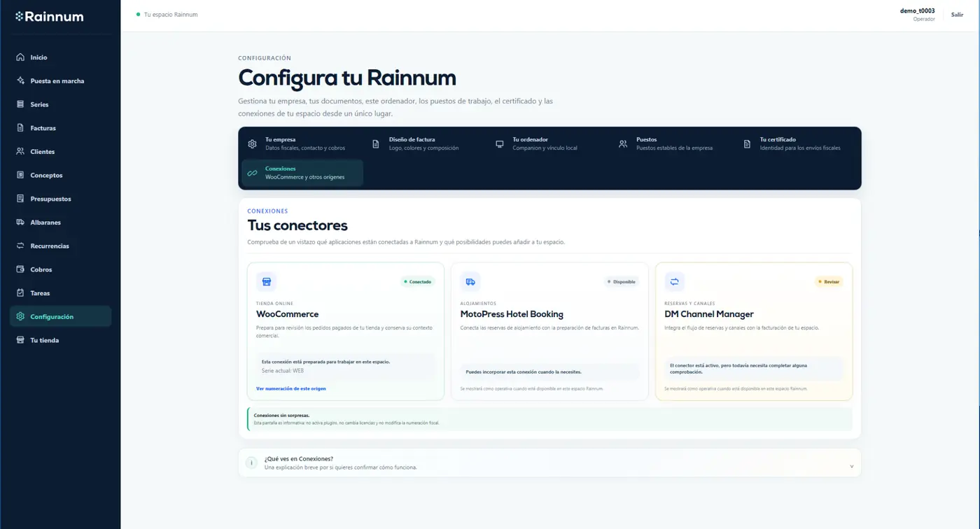 Pantalla Conexiones con WooCommerce conectado y otras integraciones disponibles o pendientes de revisión.