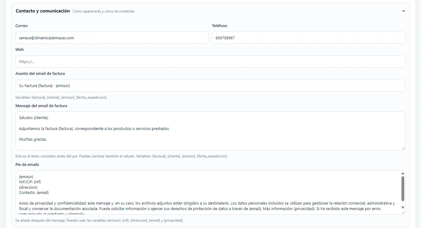 Bloque Contacto y comunicación con correo, teléfono, asunto, mensaje y pie de emails.