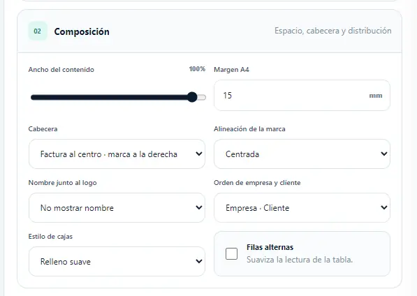Detalle de composición del documento con ancho, margen, cabecera y alineación.