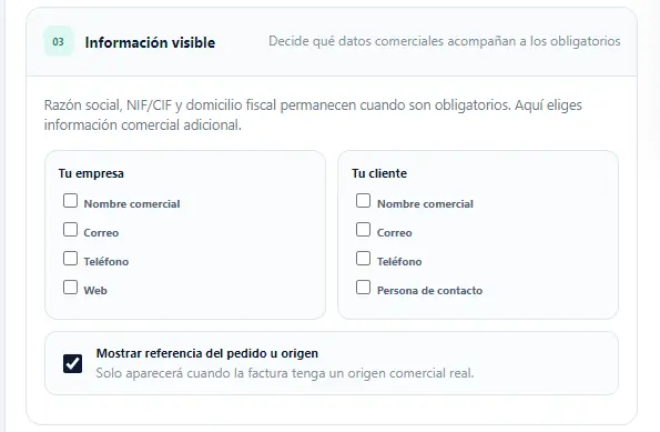 Opciones de información visible de empresa, cliente y referencia del pedido u origen.