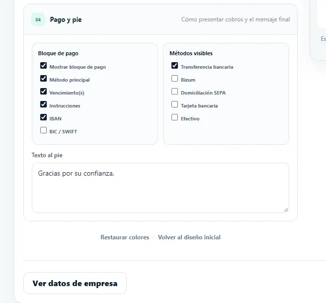 Opciones de pago y pie con campos visibles, métodos y texto final.