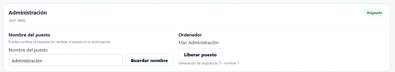 Detalle de un puesto Administración asignado a un ordenador con acciones Guardar nombre y Liberar puesto.