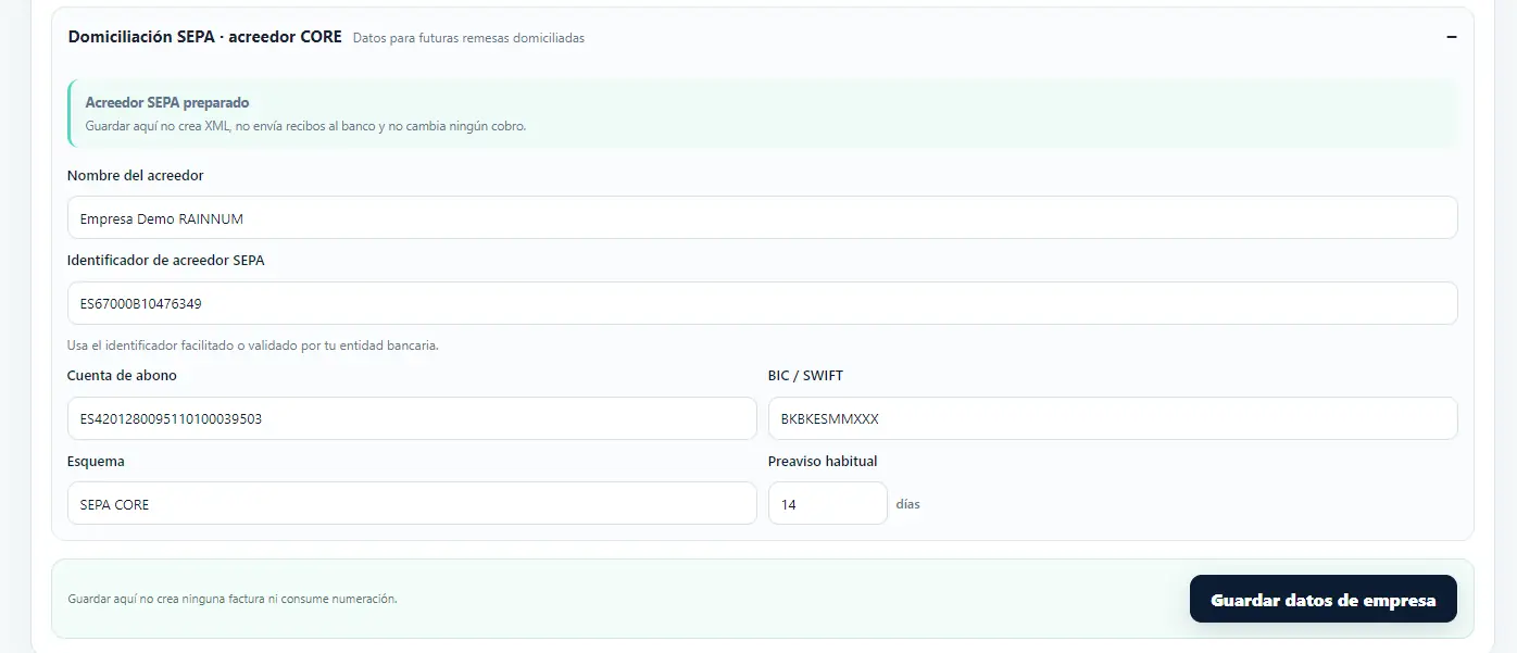 Configuración del acreedor SEPA CORE con identificador, cuenta, BIC y preaviso.