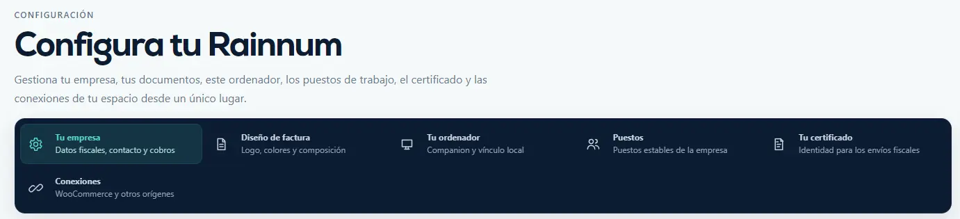Cabecera de Configuración con accesos a Tu empresa, Diseño de factura, Tu ordenador, Puestos, Tu certificado y Conexiones.