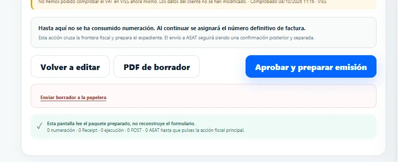 Botones Volver a editar, PDF de borrador y Aprobar y preparar emisión.