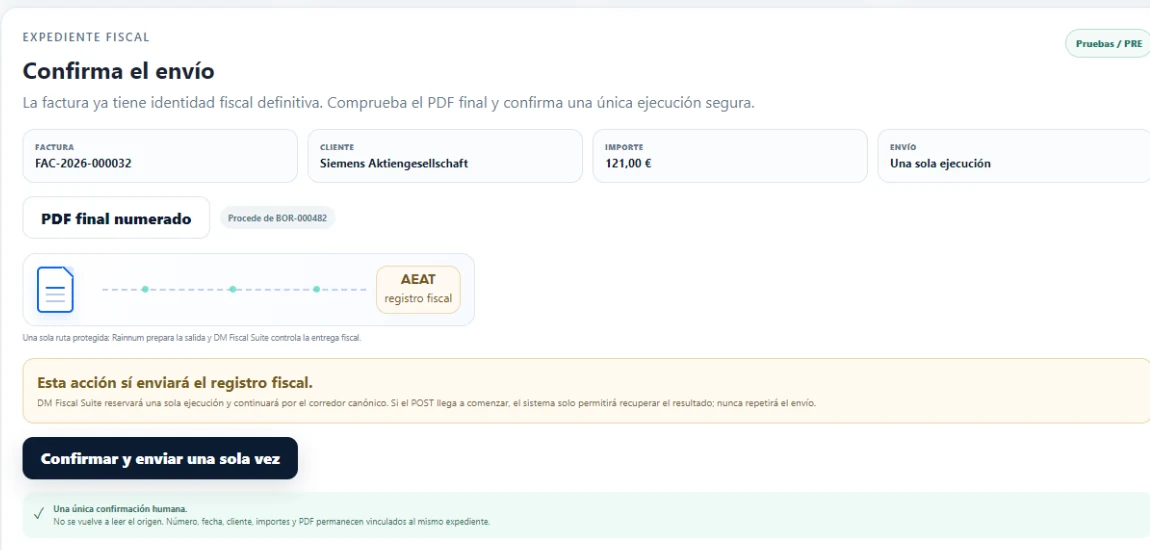 Detalle ampliado de la confirmación del envío fiscal.