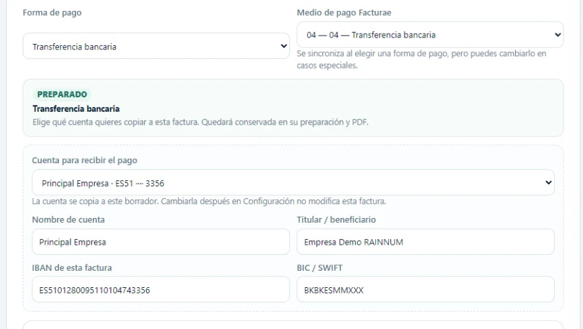 Detalle ampliado de la forma de pago y la cuenta bancaria.
