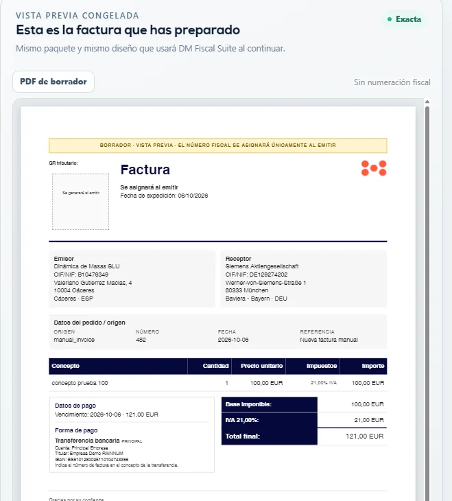 Vista del PDF de borrador antes de asignar la numeración fiscal.