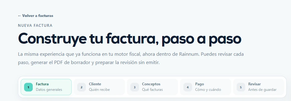 Cabecera de una nueva factura con los cinco pasos de preparación: Factura, Cliente, Conceptos, Pago y Revisar.