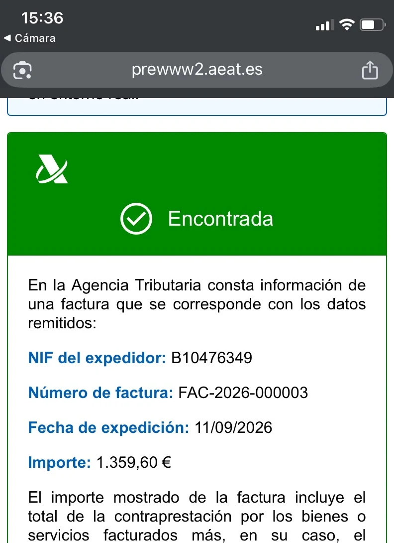 Resultado de cotejo de una factura VeriFactu en la Agencia Tributaria después de escanear su QR.