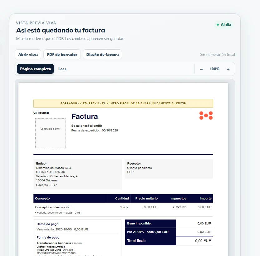 Vista previa viva de una factura en Rainnum mientras todavía se está preparando.