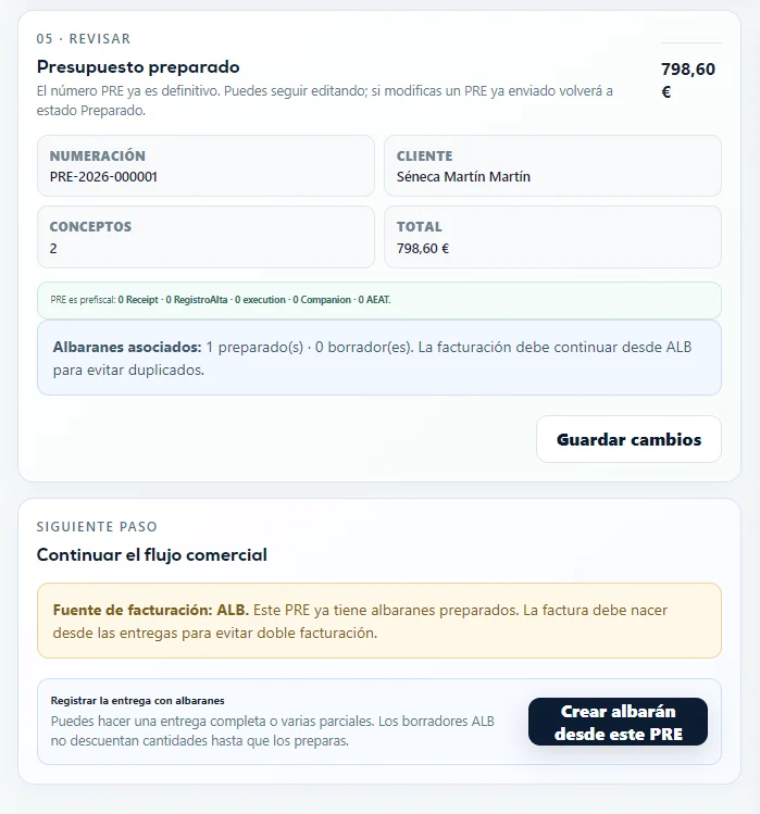 Presupuesto preparado con albaranes asociados y aviso de Fuente de facturación ALB.