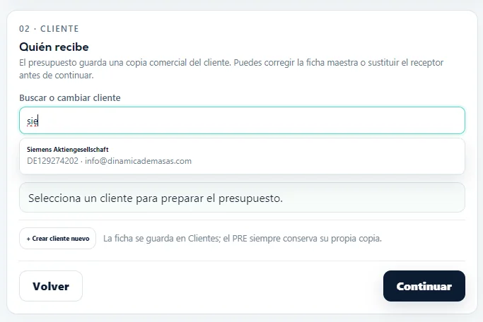 Detalle ampliado del buscador de cliente de un presupuesto.