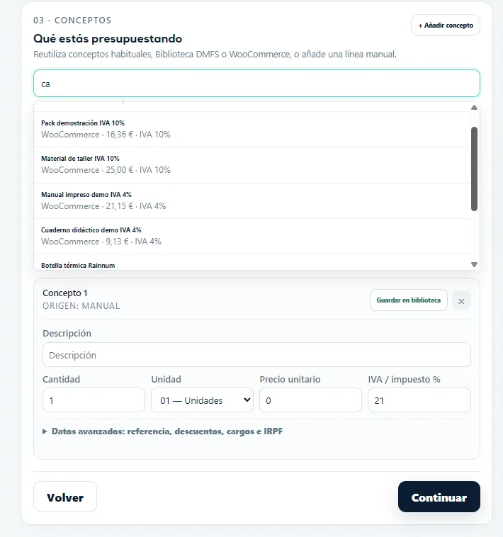 Detalle ampliado del buscador de conceptos para un presupuesto.