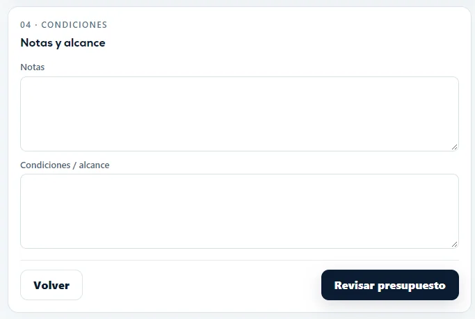 Detalle ampliado de los campos Notas y Condiciones o alcance.