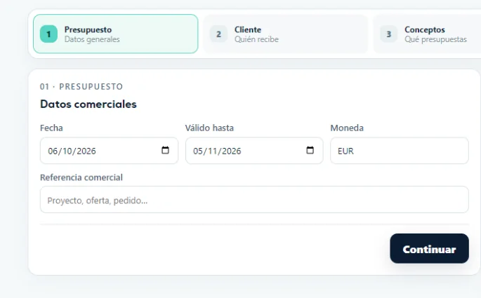 Detalle ampliado de fecha, validez, moneda y referencia comercial de un presupuesto.