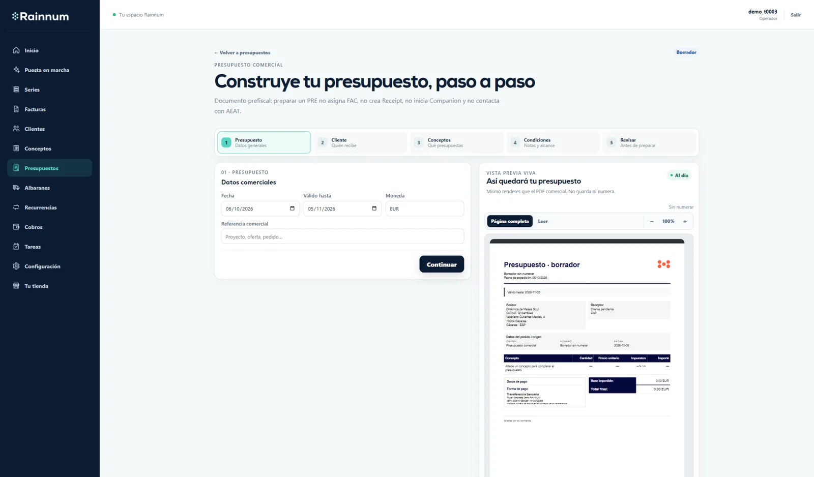 Pantalla completa del paso 1 de un presupuesto en Rainnum con la Vista previa viva a la derecha.