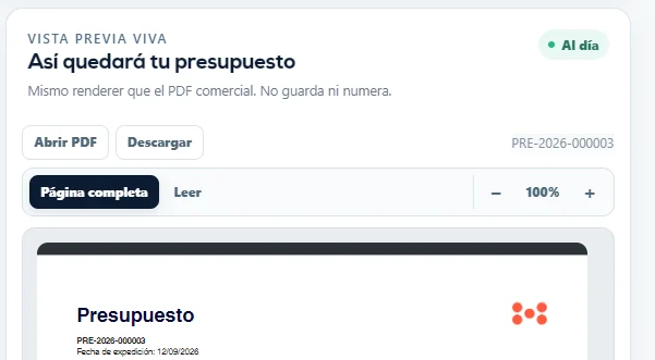 Vista previa de un presupuesto ya preparado con número PRE y botones Abrir PDF y Descargar.