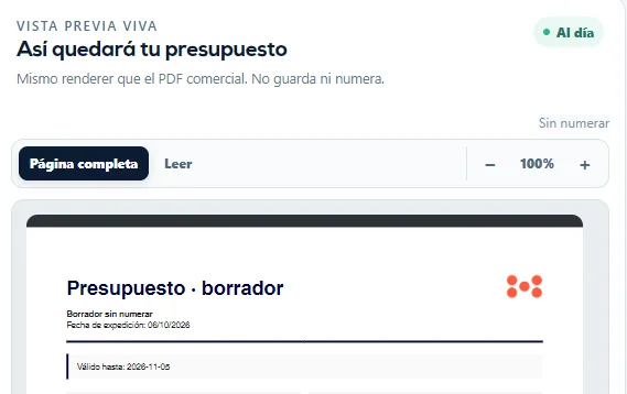Cabecera de la Vista previa viva de un presupuesto en borrador.