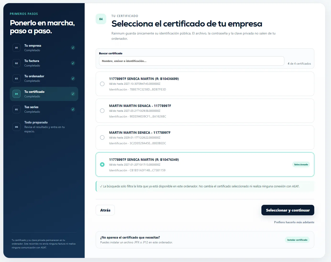Paso 4 de Puesta en marcha con la lista de certificados disponibles en el ordenador.