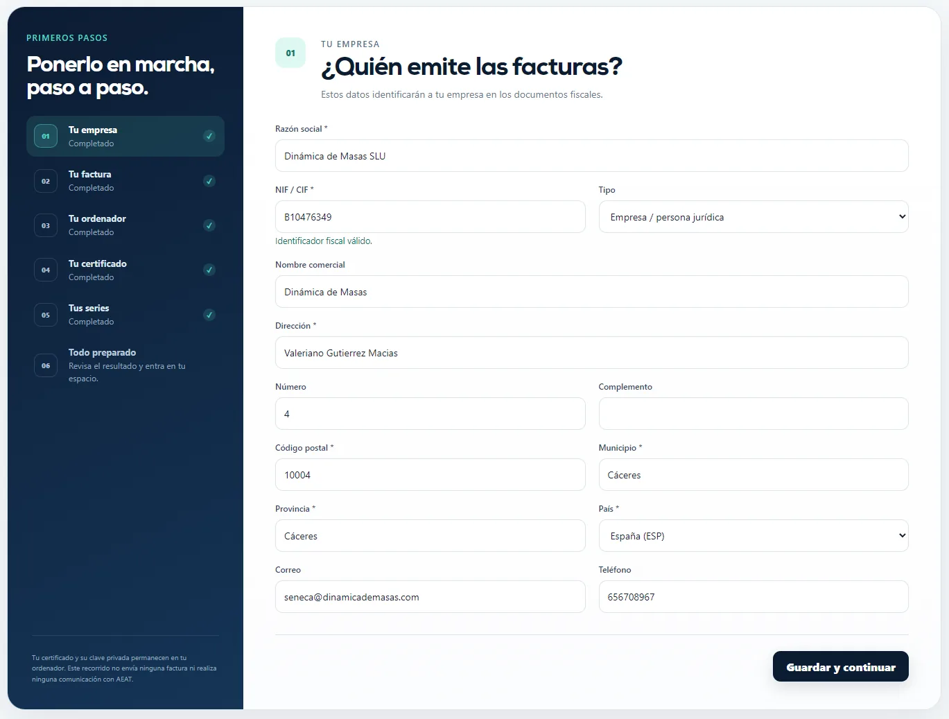 Paso 1 de Puesta en marcha con los datos de la empresa emisora.