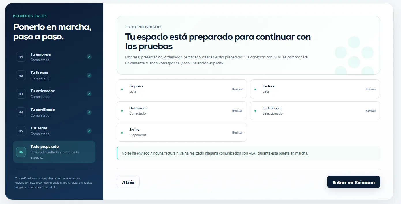 Pantalla final de Puesta en marcha con empresa, factura, ordenador, certificado y series preparados.