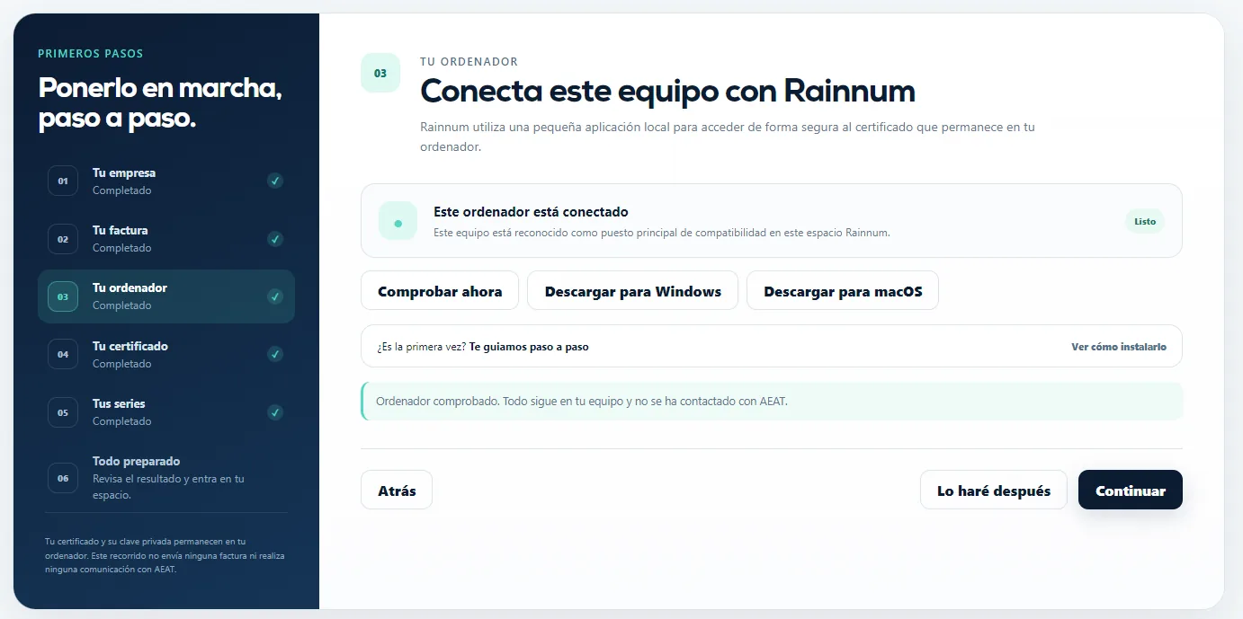 Paso 3 de Puesta en marcha con el estado del ordenador y descargas de Companion.