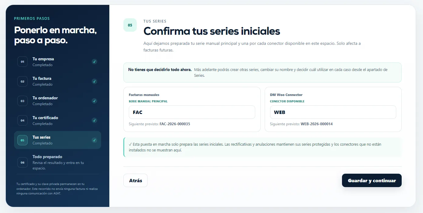 Paso 5 de Puesta en marcha con las series iniciales Manual y de conector.