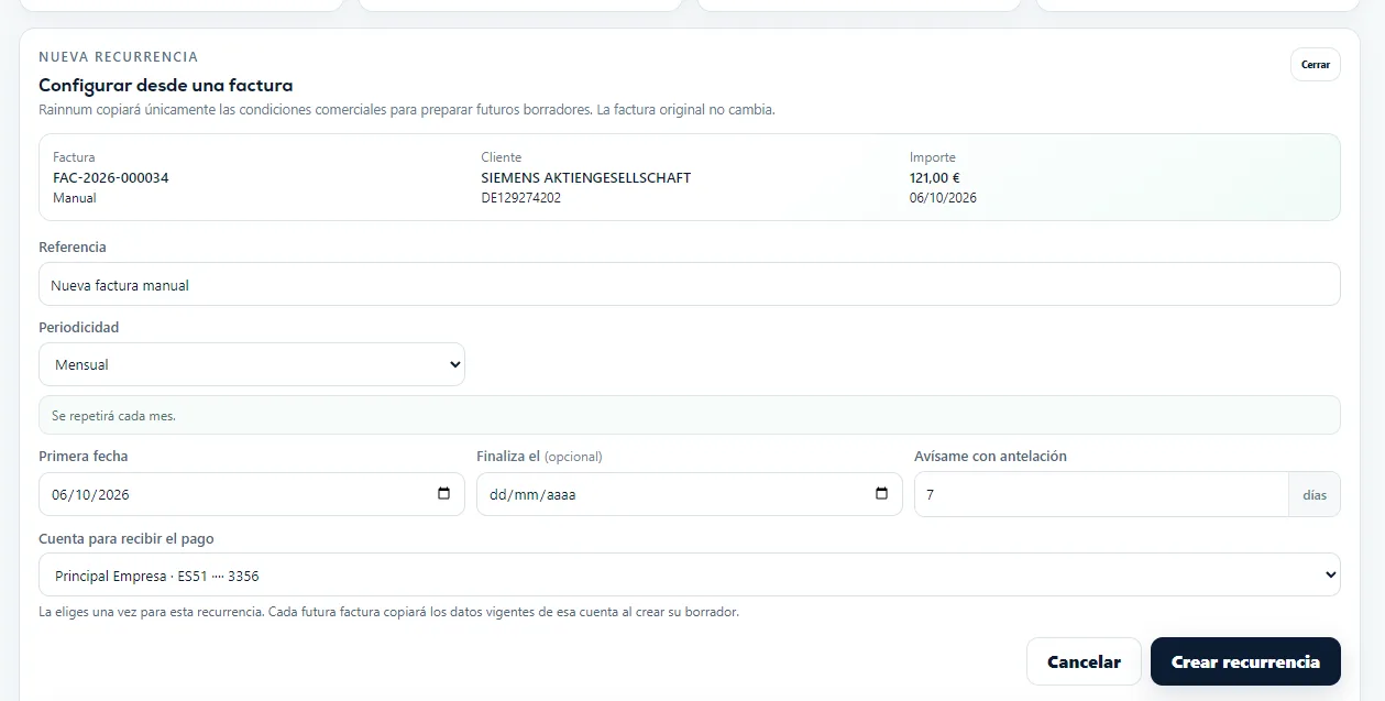 Formulario para configurar una recurrencia desde una factura de referencia.